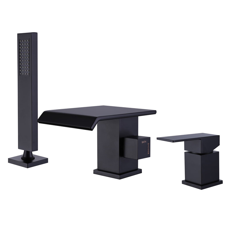 Robinet de baignoire cascade monté sur le pont avec douche à main Robinet de baignoire 3 trous à poignée simple Robinet de baignoire noir mat en laiton avec valve
