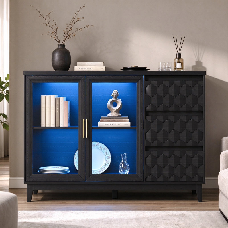 Buffet l 47,2 "avec 3 tiroirs, buffet avec porte vitrée et lumière DEL, Noir