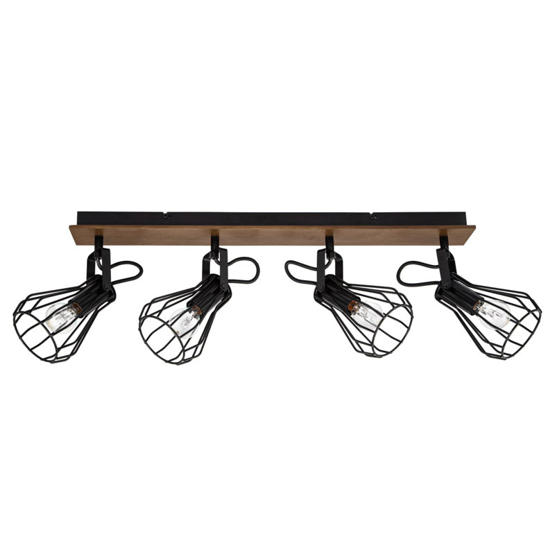 Kendan Light Industrial Matt Black Wire Shade Spotlight with Wooden Backplate, E14. Max. 10W LED (Bulb not included)