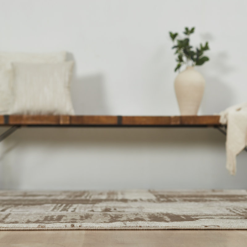 Wallburg Ivory Taupe Brushstroke Abstract Area Rug, Runner 2'6" x 10'