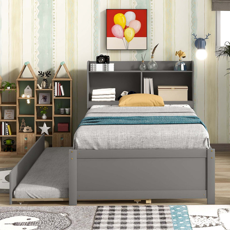 Twin Bed With Trundle,Bookcase, Grey, Twin