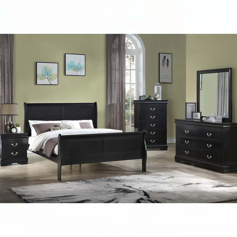 Panneau à lit-bateau en bois massif, Double, Noir, Bois massif