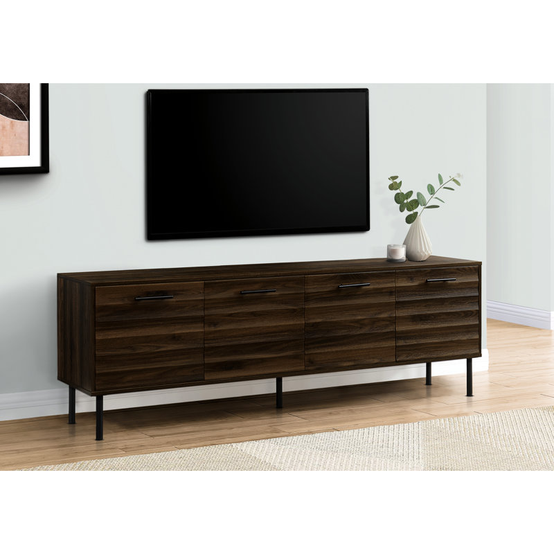 Meuble télé, 72 po, console, meuble multimédia, armoire de rangement, stratifié brun, métal noir, transitionnel