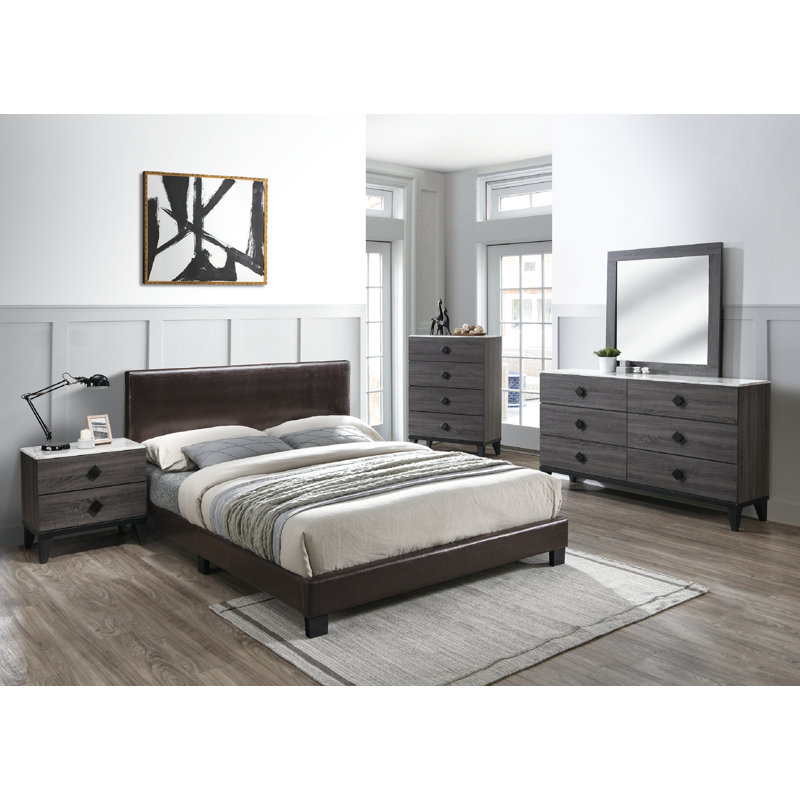 Aimee-Leigh Upholstered Low Profile Platform Bed, Queen, Brown