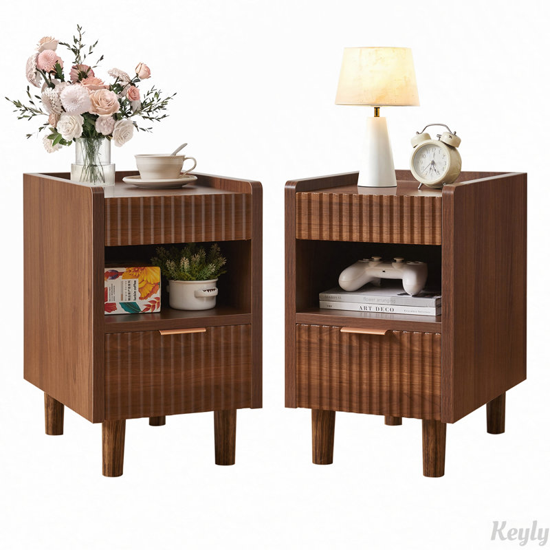 Ensemble de 2 tables de chevet cannelées avec tiroir et rangement ouvert, Noyer