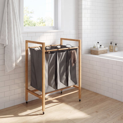 3 Section Bamboo Laundry Cart, Natural & Charcoal