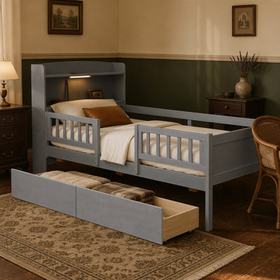 Lit plateforme simple en bois avec éclairage à DEL intégré, tête de lit multifonctionnelle, garde-corps et 2 tiroirs, gris