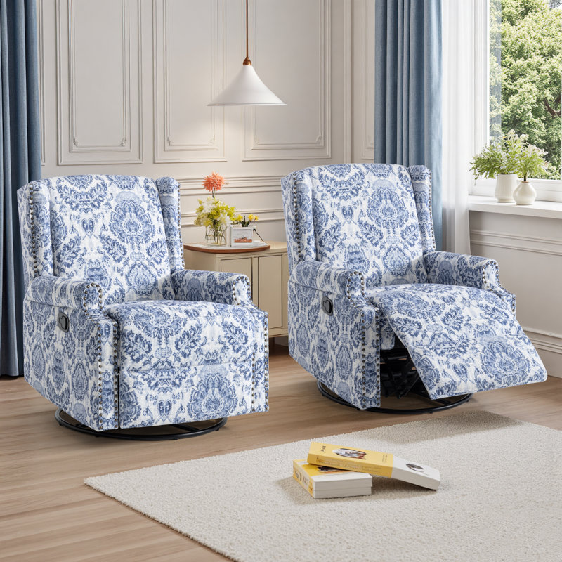 Upholstered Classic Wing Back Manual Handle Swivel Rock Glider Recliner with Naihead Trims, Navy