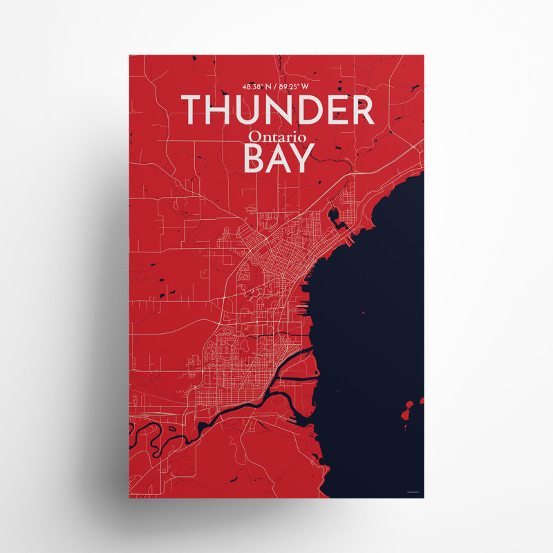 Thunder Bay City Map, impression, Rouge / Bleu marine, H 36 po x l 24 po