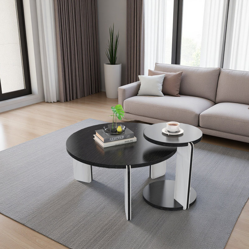 Round Coffee Table End Table Sofa Table Side Table Set With OAK Veneer Surface 25Mm MDF For Living Room Dinning Room Bedroom, Sintered Stone Legs, 83 + 43Cm Diameter