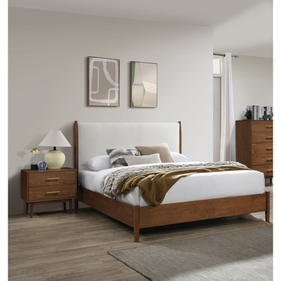 Ensemble de chambre à coucher 3 pièces couleur noyer Lit de grand lit 2 x Tables de chevet beige avec tête de lit tapissier en tissu de style Mid-Century