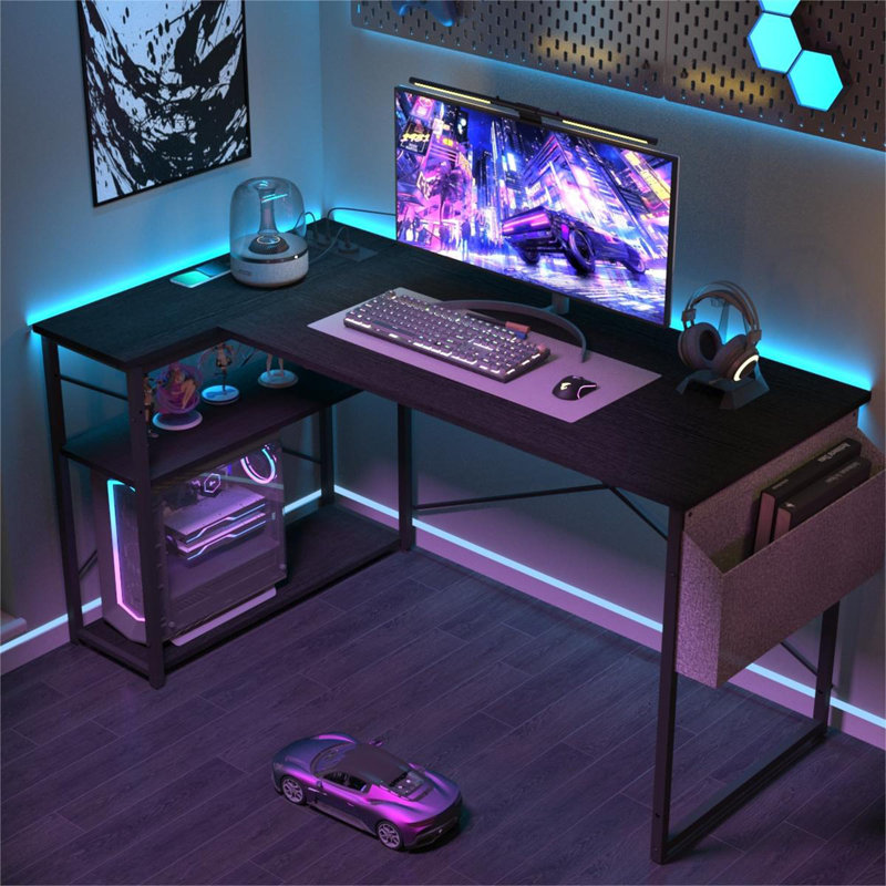 Black L-Shaped Gaming Desk with Power Outlet and USB Port