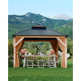 Hardtop Wood Gazebo 12'x12' for All Weather, with Double Metal Roof, Heavy Duty Wooden Frame, Net, and Curtain, Permanent Building for Patio, Deck, Backyard, Lawn, and Garden