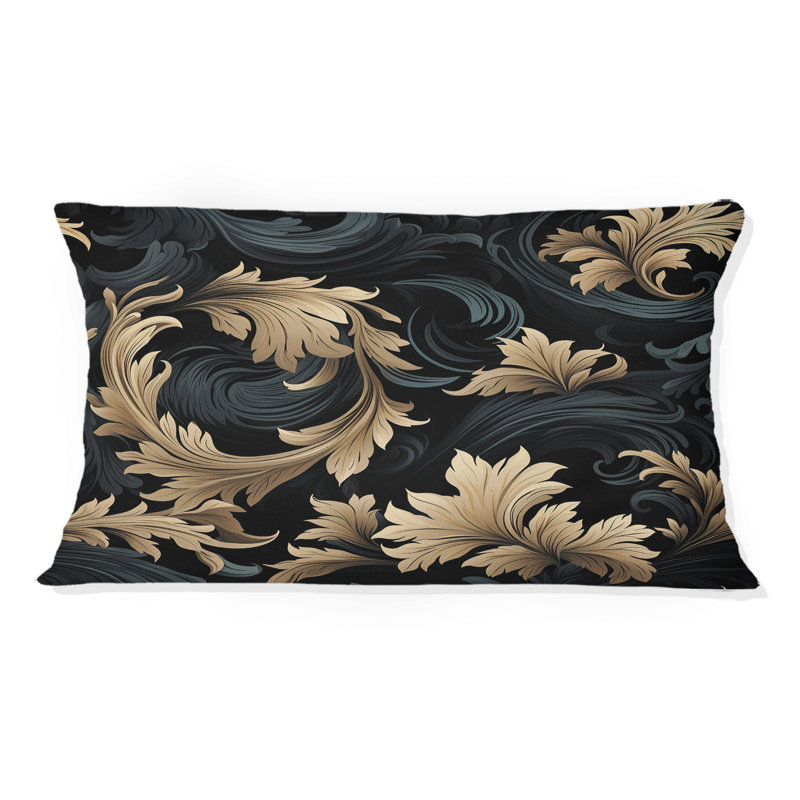 Fleur de damas noire et dorée III - coussin en polyester damassé