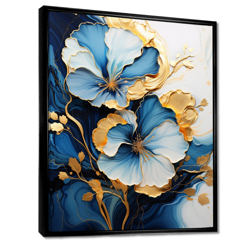 «White Blue Flower Gold Leaves - Abstract Modern Waves», art mural, Toile avec cadre flottant noir
