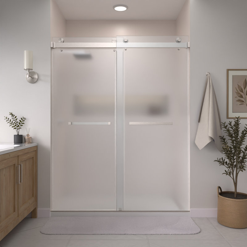 Porte de douche coulissante double sans cadre Catalyst en nickel brossé avec verre dépoli acide 3/8 po de l 56 po x H 76 po Catalyst
