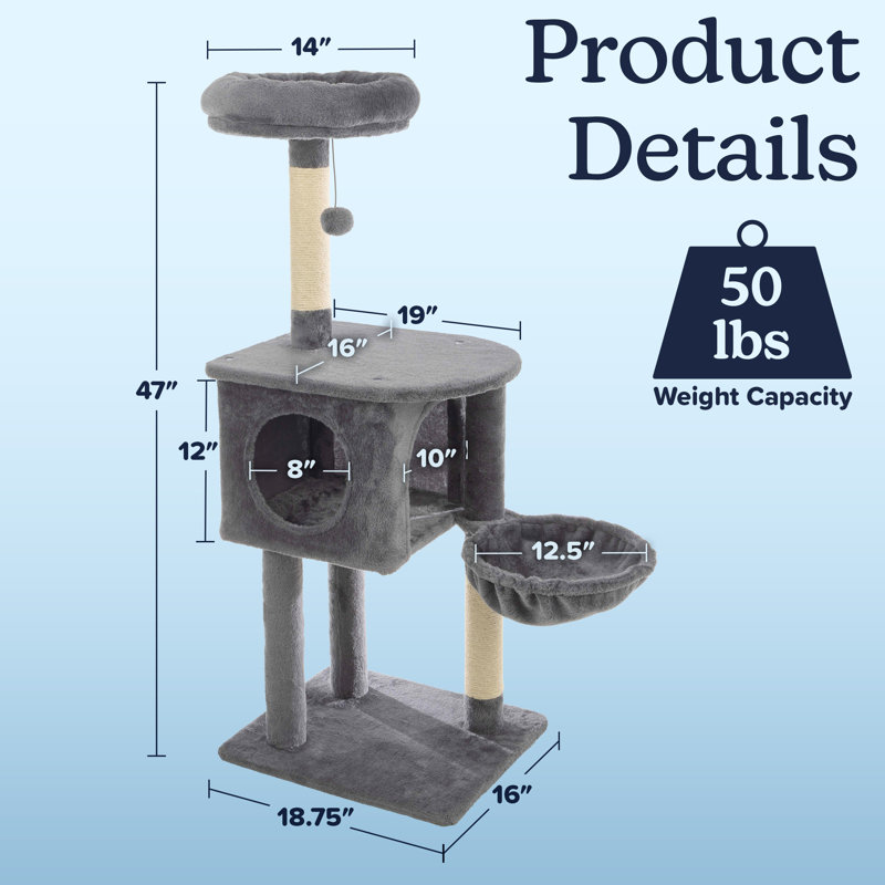47” Tall Cat Tree Tower - Cat Tower with Hammock, Napping Perches, Kitten Condo, 2 Rope Scratching Posts, and Hanging Toy - Multi-Level Kitten Tree and Climbing Activity Furniture by PETMAKER (Gray)