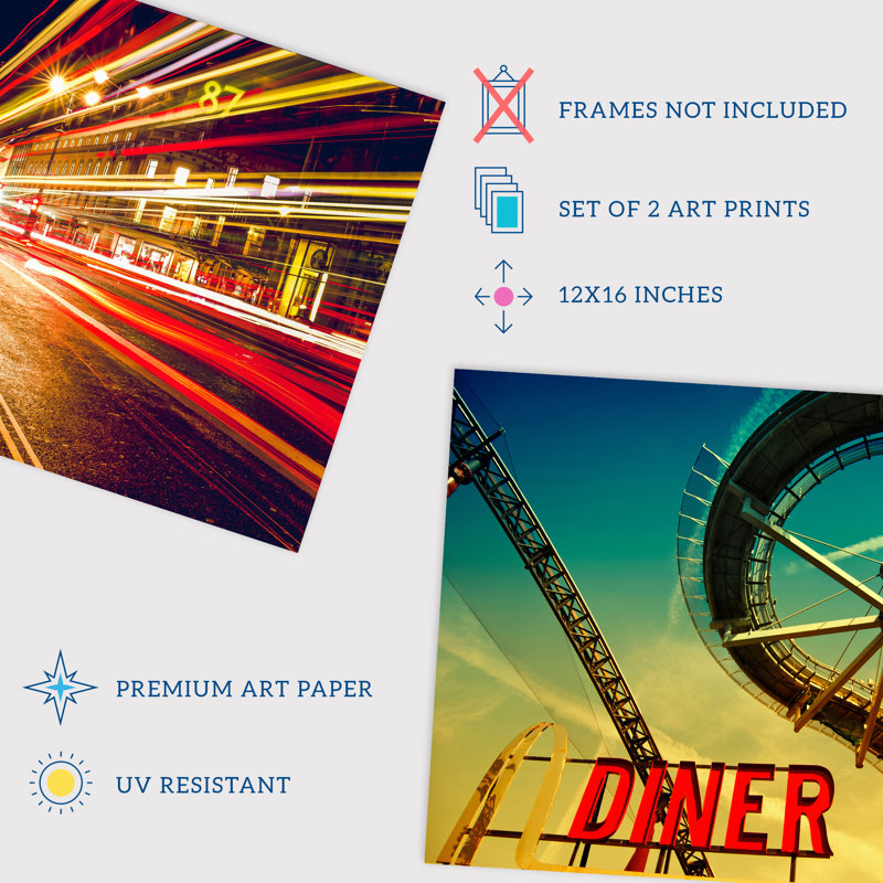 Roller Coaster Urban Park Aesthetic Landscape - 2 Piece No Frame Print Set, 40.5cm H x 30.5cm W x 0.3cm D