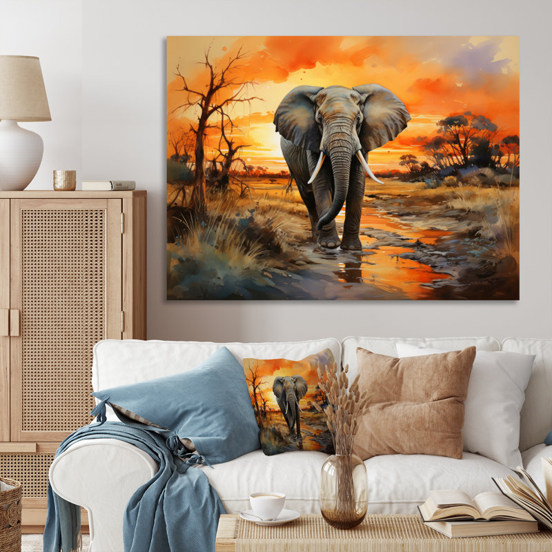 Éléphant d'Afrique, prairies II sur toile, H 34 po x l 44 po x P 1,5 po, Toile tendue