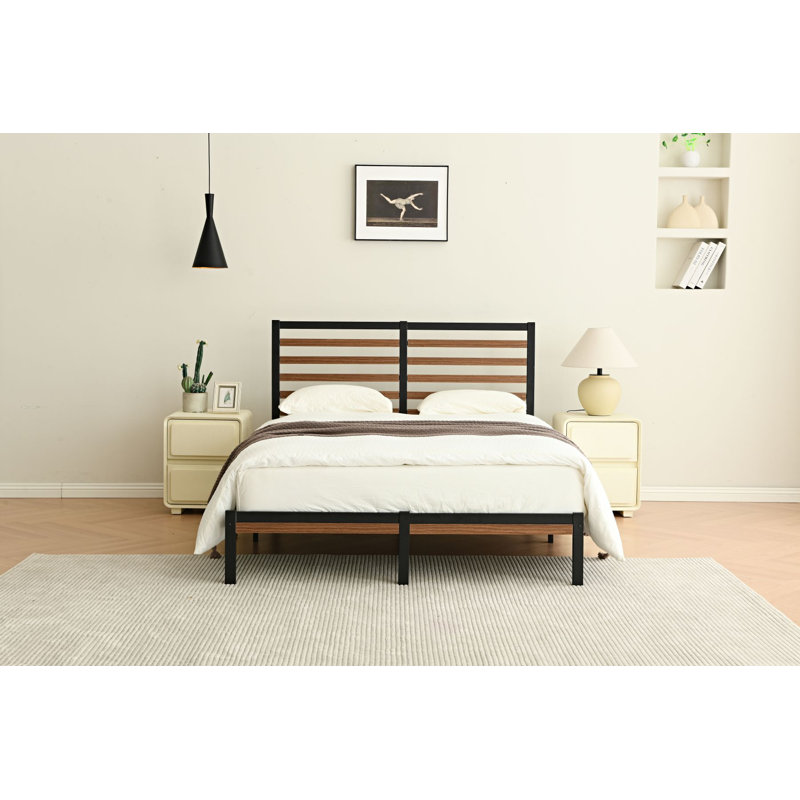 Orv Metal Platform Bed with Middle Wooden Slat Headboard, Full / Double