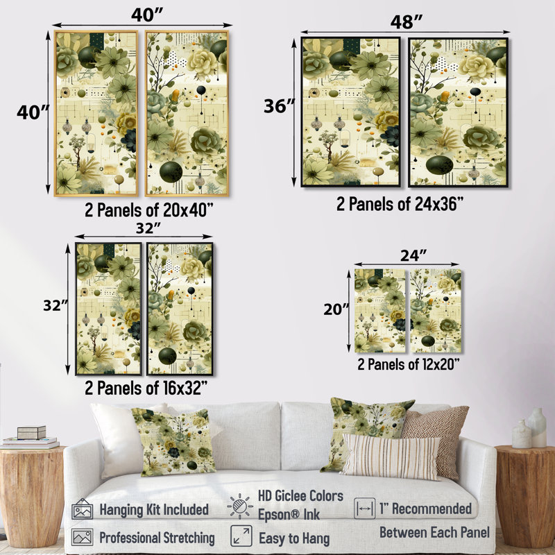 «Green Botanical Dreams» - art mural vert 2 pièces, 36" H x 48" W, Impression encadrée flottante, Black