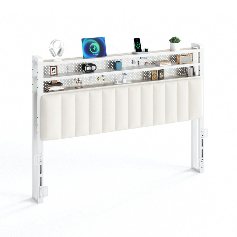 Full Size Headboard, Adjustable Upholstered Headboard With 3 Tier Shelves And Pegboard With Charging Stations And LED Lights, Modern Bed Headboard With Storage Linen And White