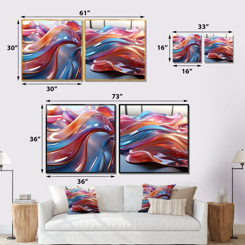 Mauve et bleu Fractal Elegance I - Ensemble de salon mural art abstrait fractal, Encadrement brun