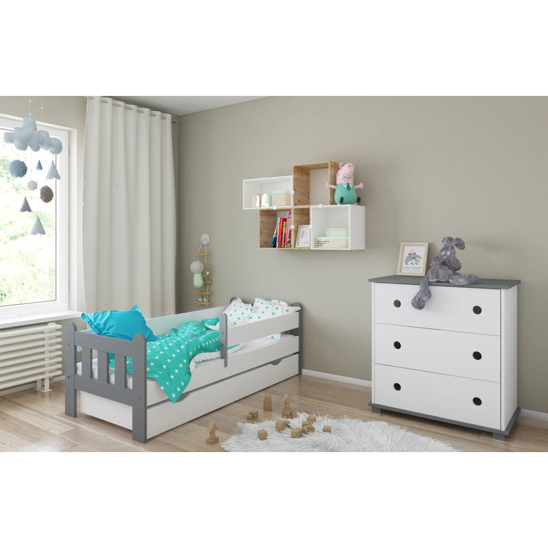 Sherri bed with drawer and mattress, White/Grey, European Toddler (160 x 80 cm)