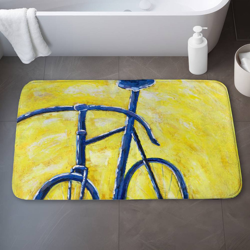 Blue bike on yellow background Bath Mat with Non-Slip Backing - Quick Dry Memory Foam Bathroom Rug - Absorbent - Modern Plush Spa-Style - Machine Washable