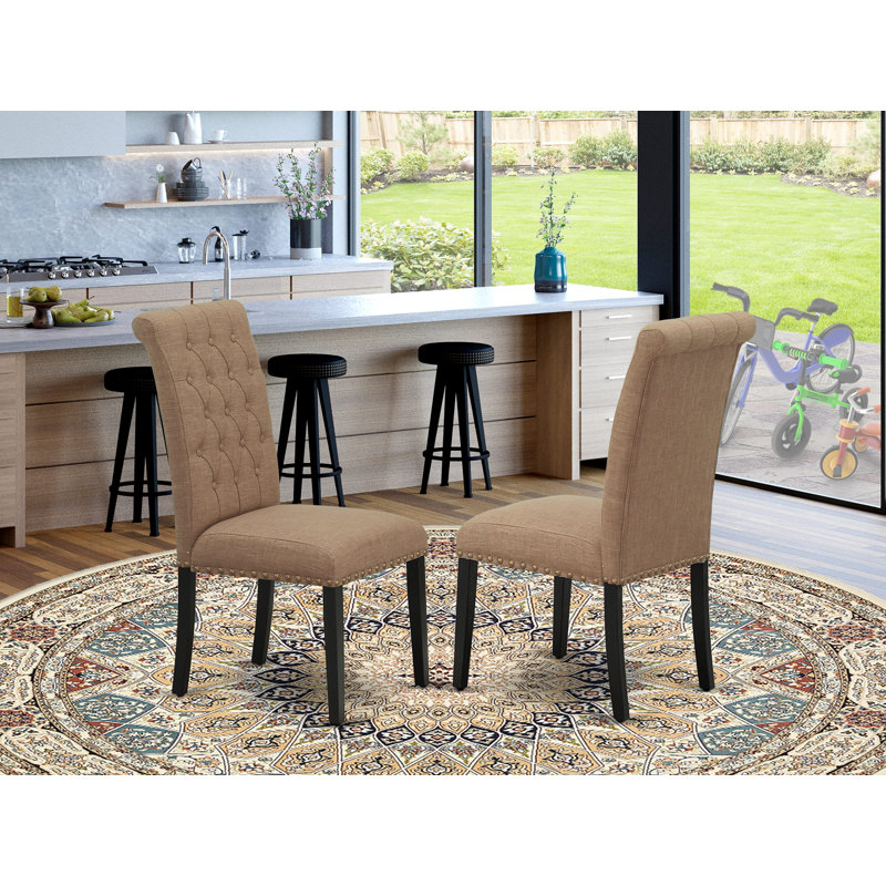 Bremond Parson Dining Room Chairs - Button Tufted Nailhead Trim Light Sable Linen Fabric Padded Chairs, Set of 2, Black