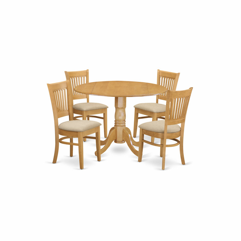 5 Piece Kitchen Table & Chairs Set Includes a Round Dining Room Table with Dropleaf and 4 Linen Fabric Chairs, Oak, Oak
