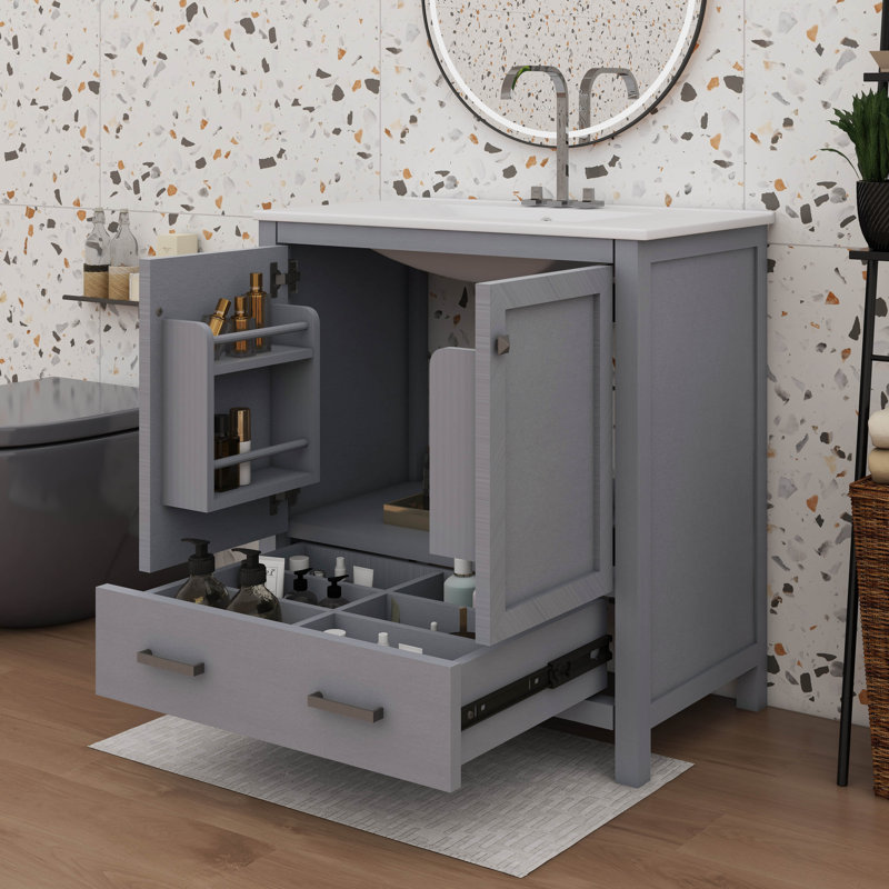 Meuble-lavabo de salle de bain à la mode avec 1 tiroir et tablette de porte double couche, Gris