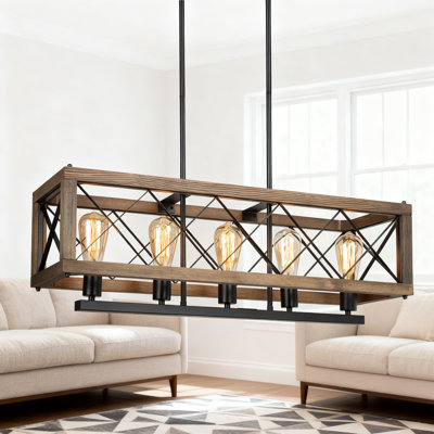 Lustre de style campagnard avec design en bois et en métal, luminaire rectangulaire à 5 lumières pour îlot de cuisine, luminaire suspendu rustique à intensité variable pour la salle à manger et la décoration intérieure