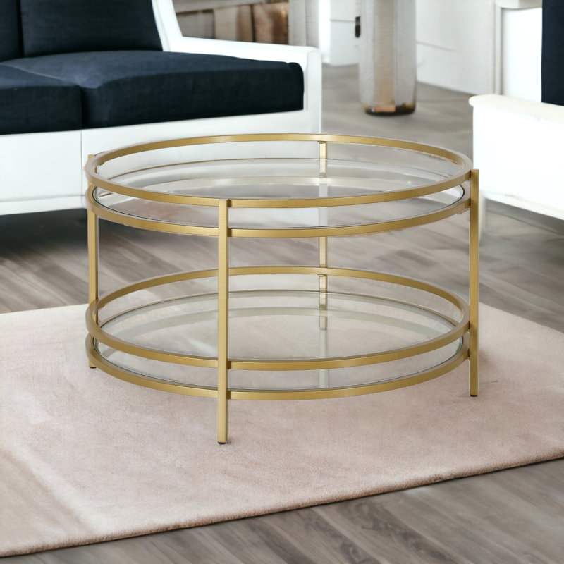 Table basse ronde en acier et verre 32 po Asaf, Bronze noirci