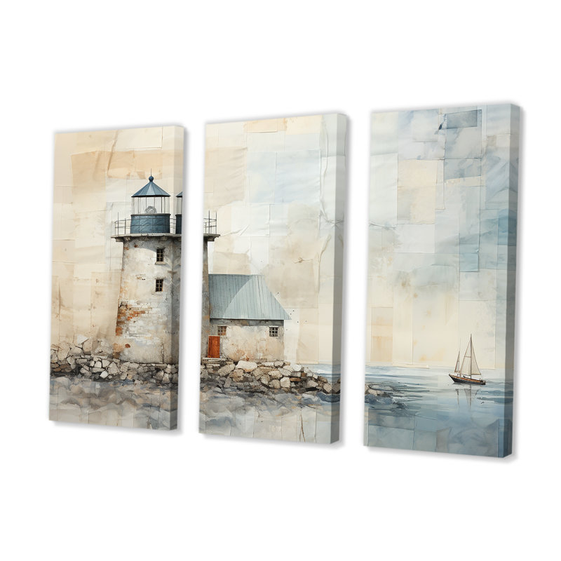 «Minimal Grey Light House Horizon II», ensemble d'art mural sur toile Beach Light House, H 28 po x l 36 po