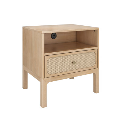 Elio Rattan Cubby Nightstand with 1 Drawer, Electrical Outlet and Brass Knob, Blonde