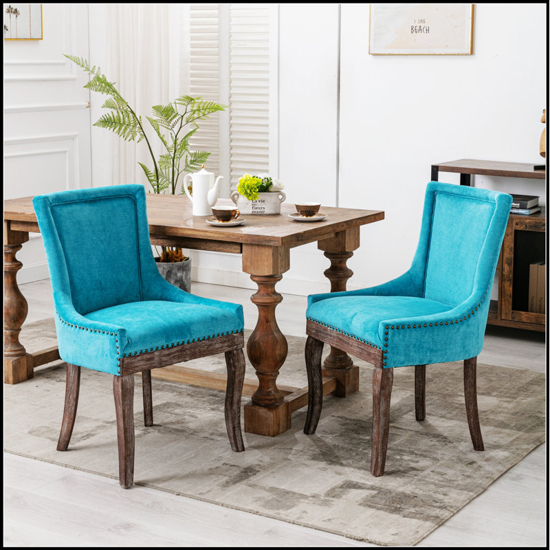 Chaise d'appoint rétro en tissu épaissi avec pieds en bois massif pour plus de confort et de style, Bleu