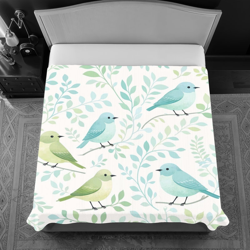 Couvre-lit matelassé Birds On Branches, Grand lit, Vert clair / bleu clair