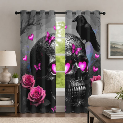 2Pcs Gothic Skull and Raven Curtains, Floral Butterfly Print Window Drapes, Dark Romantic Art Style Grommet Curtains, Window Treatment for Bedroom Living Room Decor