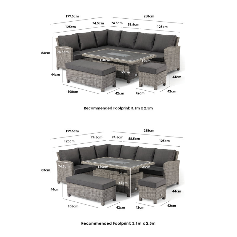 Sofia Rattan Rectangular Corner Dining Set with Rising Firepit Table in Grey