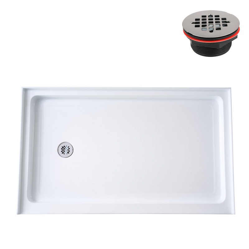 Glossy White Rectangular Acrylic Alcove Shower Base with Left Drain