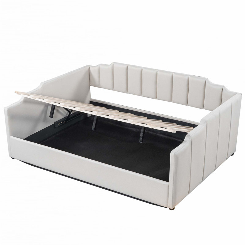 Lit de jour rembourré avec rangement inférieur, Beige, Full/Double