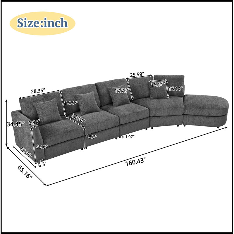 Canapé modulaire incurvé modulaire avec assise profonde et 4 coussins décoratifs, Gris