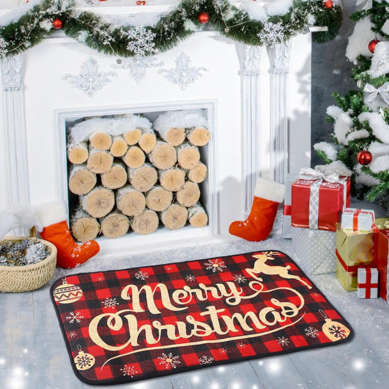 Tapis de Noël pour l'extérieur Merry Christmas Paillasson décoratif antidérapant Buffalo