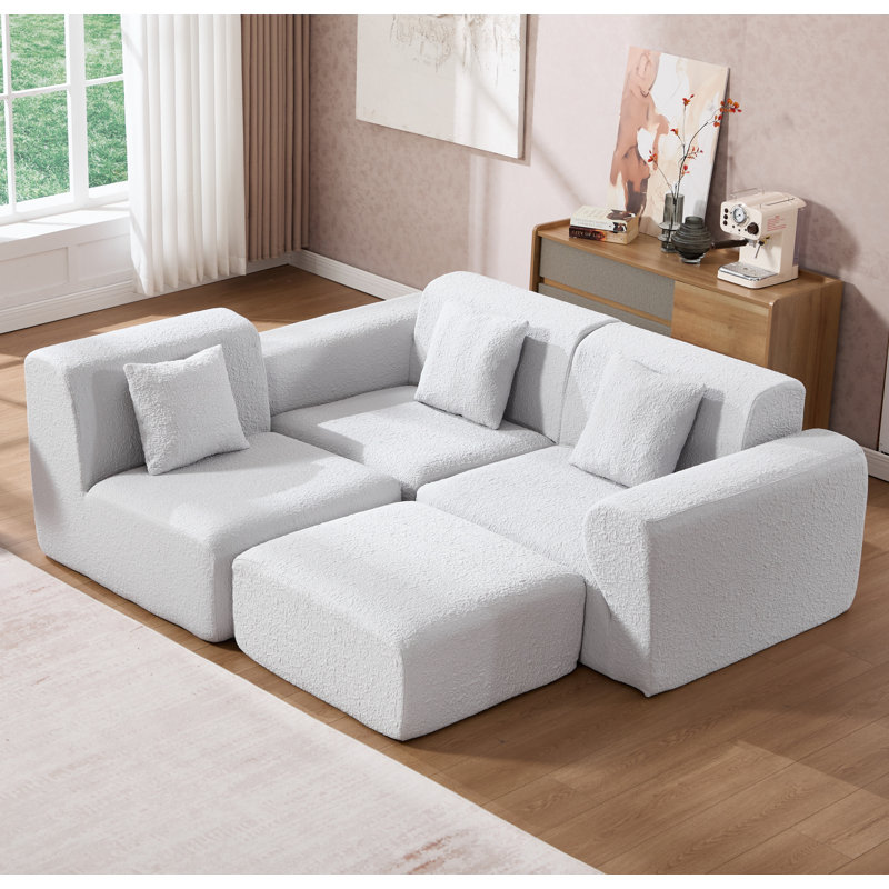 Modern L-Shaped Boneless Modular Compressed Foam Sectional, Silver