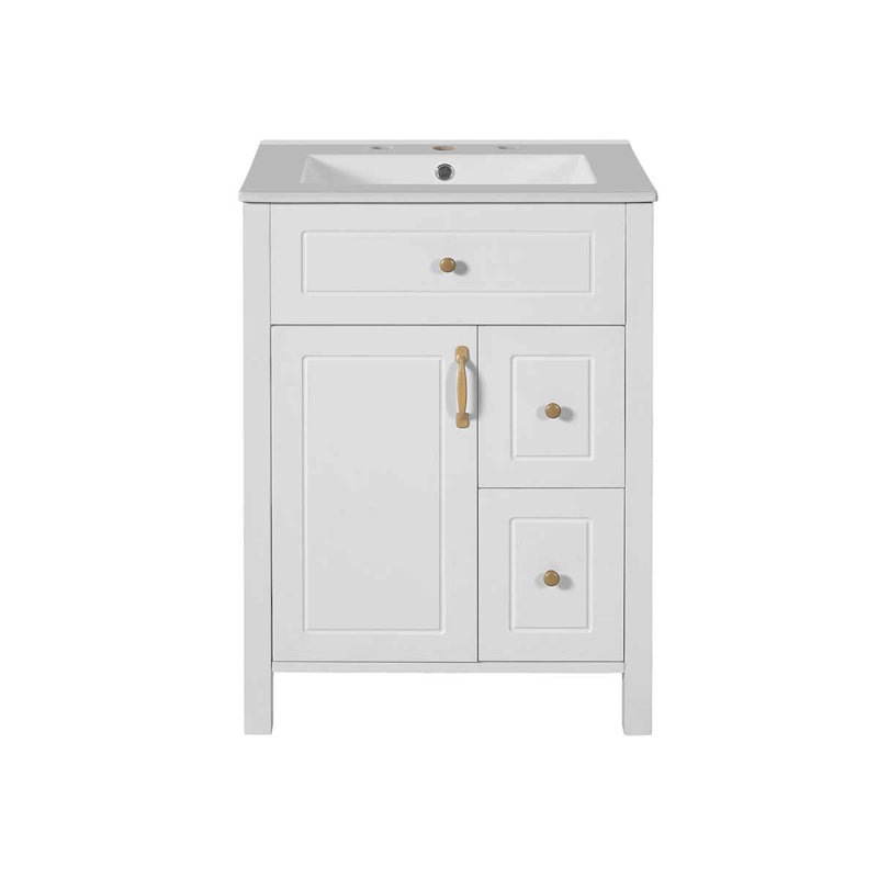 Meuble-lavabo de 24 pouces avec lavabo en céramique, 1 porte à fermeture douce et 2 tiroirs à fermeture douce