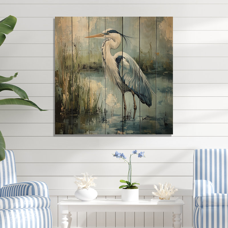 Heron At The Farm Pond I - Heron Animal Wood Wall Decor - On Natural Pine Wood, 25" H x 25" W x 0.78" D