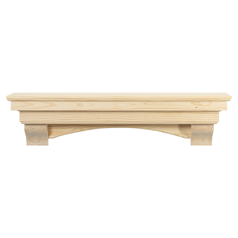 Rustic Floating Wood Fireplace Mantel Shelf with Arched Corbels - Pine Wood, Unfinished, 72" Length