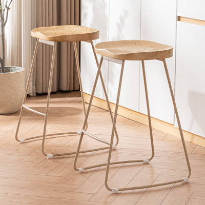 Bar Stools Set of 2 Rustic Counter Stools with Solid Wood Saddle Seat & Metal Legs, Backless Kitchen Island Stools for Breakfast Bar & Home Decor