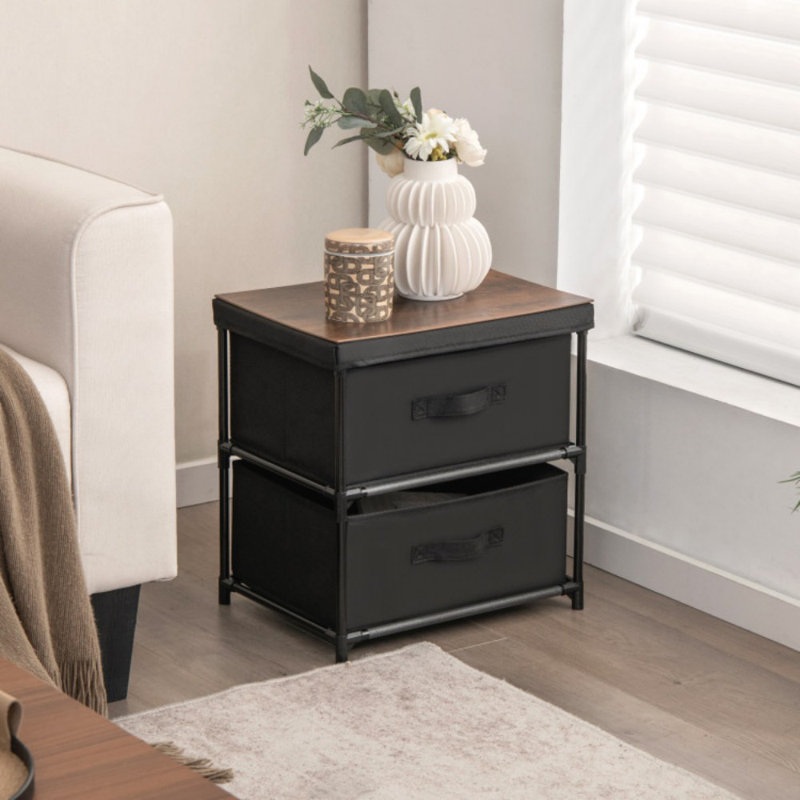 2-Drawer Nightstand with Removable Fabric Bins and Pull Handles Set of 2